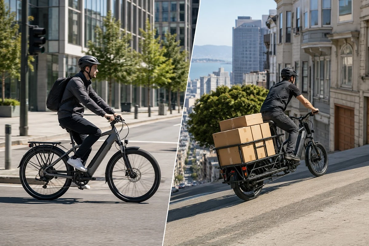 Commuter e-bike on a flat road compared with a loaded cargo e-bike climbing a hill Commuter e-bike on a flat road compared with a loaded cargo e-bike climbing a hill
